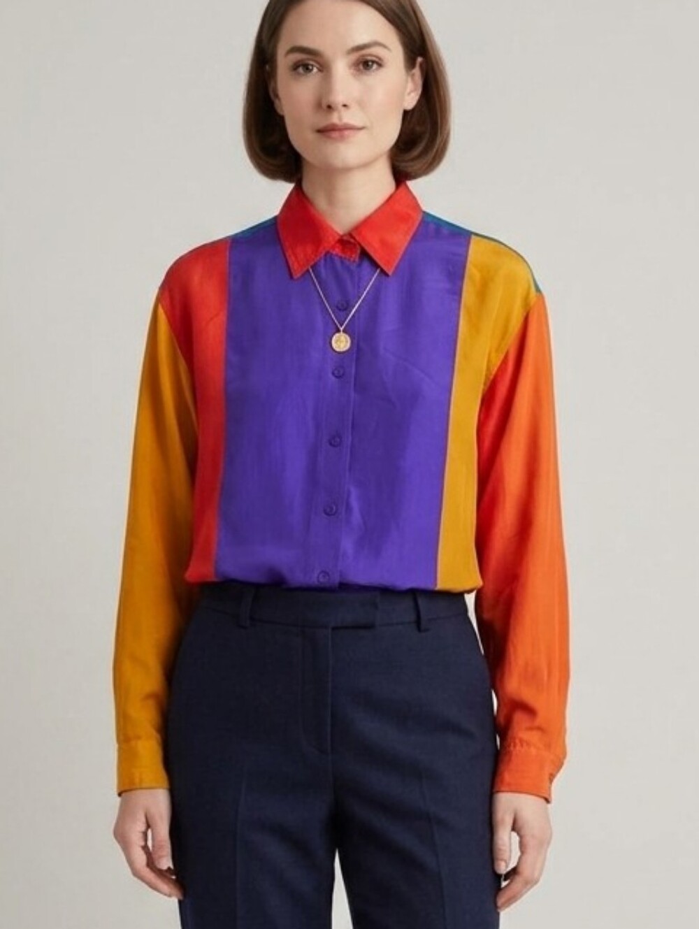 Vintage Marnie West 100% Silk Vertical Stripe Button-Down Shirt